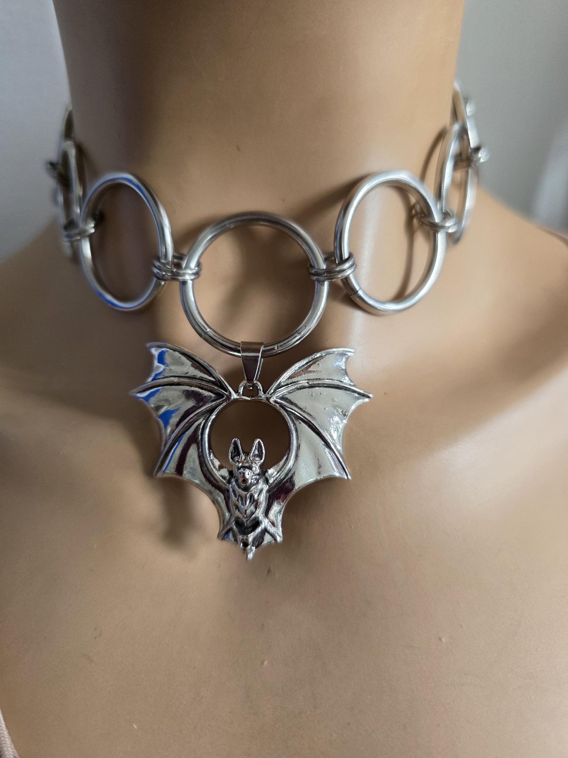 Bat Pendant Chainmail Choker Necklace: Gothic Occult Collar, Stainless Steel