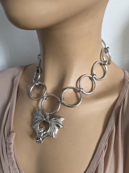 Bat Pendant Chainmail Choker Necklace: Gothic Occult Collar, Stainless Steel