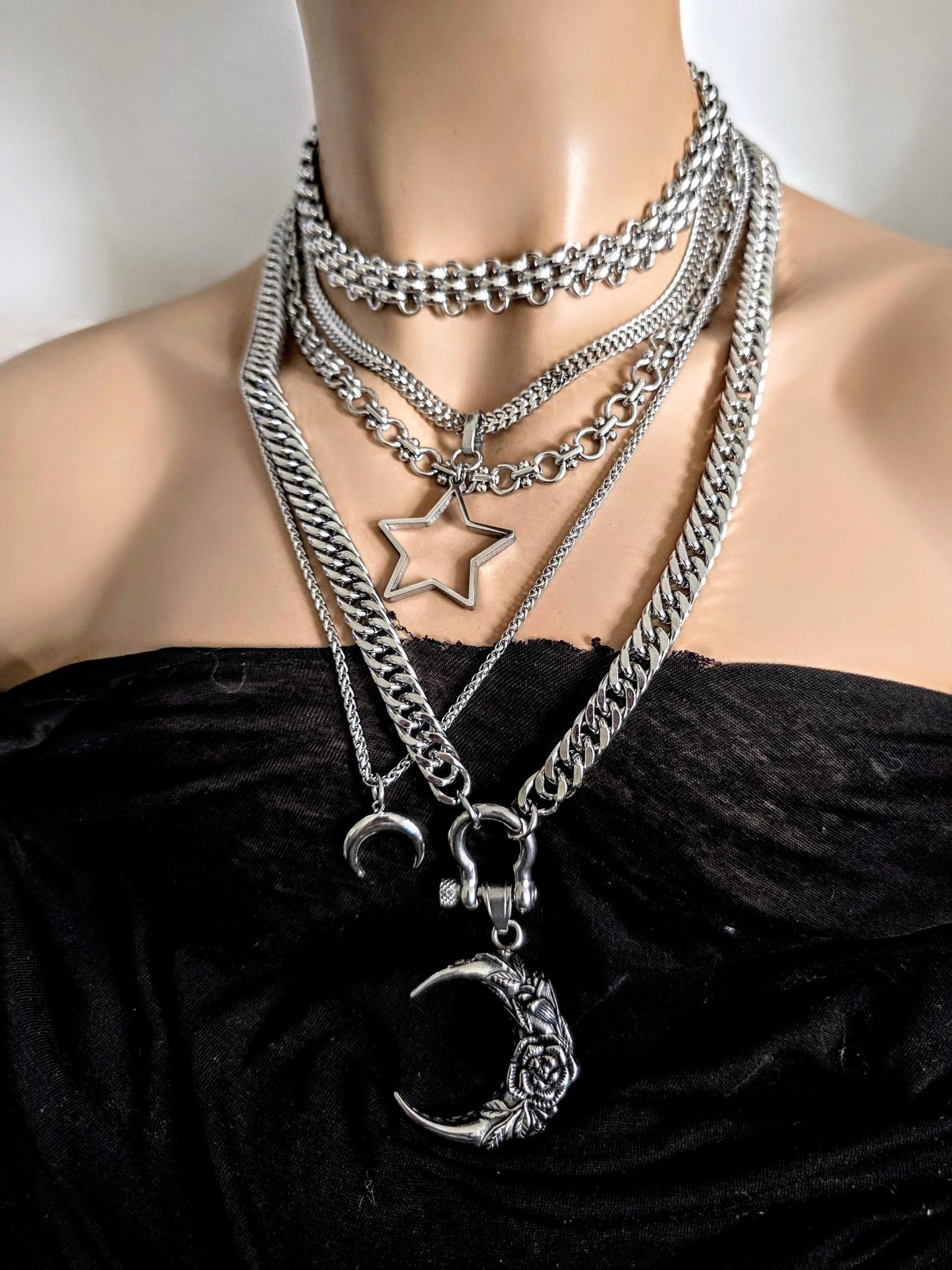 Layered Star Crescent Moon Chunky Gothic Pendant Necklace Set: Steel Statement Celestial Jewelry