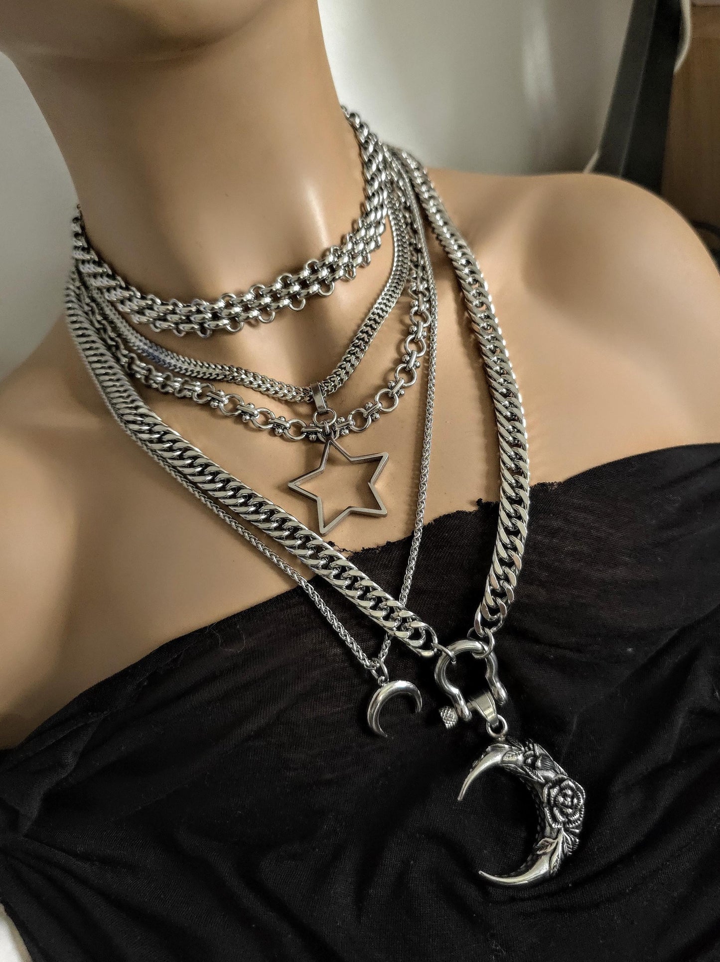 Layered Star Crescent Moon Chunky Gothic Pendant Necklace Set: Steel Statement Celestial Jewelry