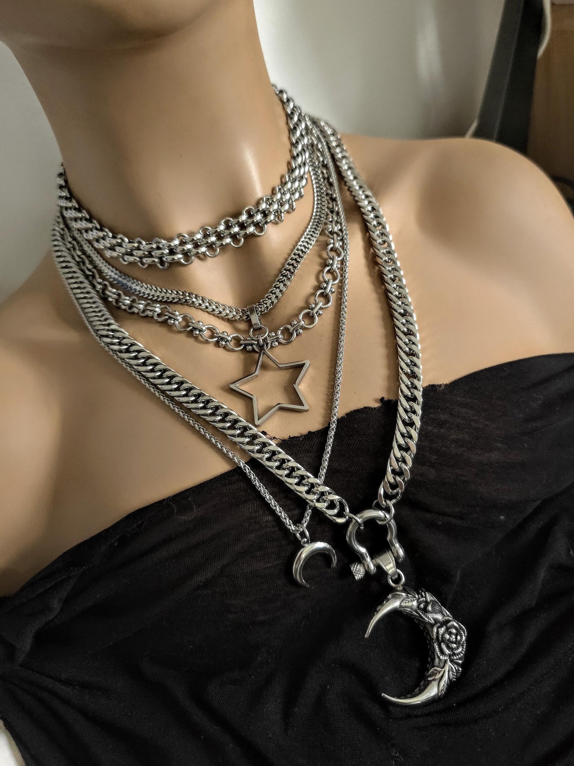 Layered Star Crescent Moon Chunky Gothic Pendant Necklace Set: Steel Statement Celestial Jewelry