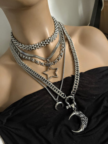 Layered Star Crescent Moon Chunky Gothic Pendant Necklace Set: Steel Statement Celestial Jewelry