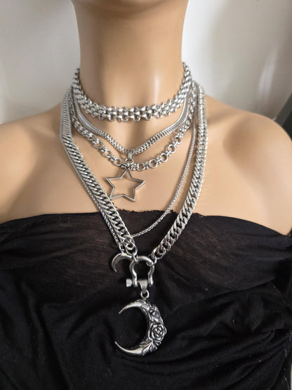 Layered Star Crescent Moon Chunky Gothic Pendant Necklace Set: Steel Statement Celestial Jewelry