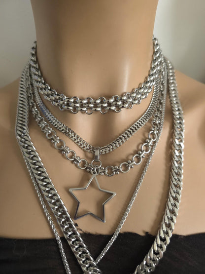Layered Star Crescent Moon Chunky Gothic Pendant Necklace Set: Steel Statement Celestial Jewelry