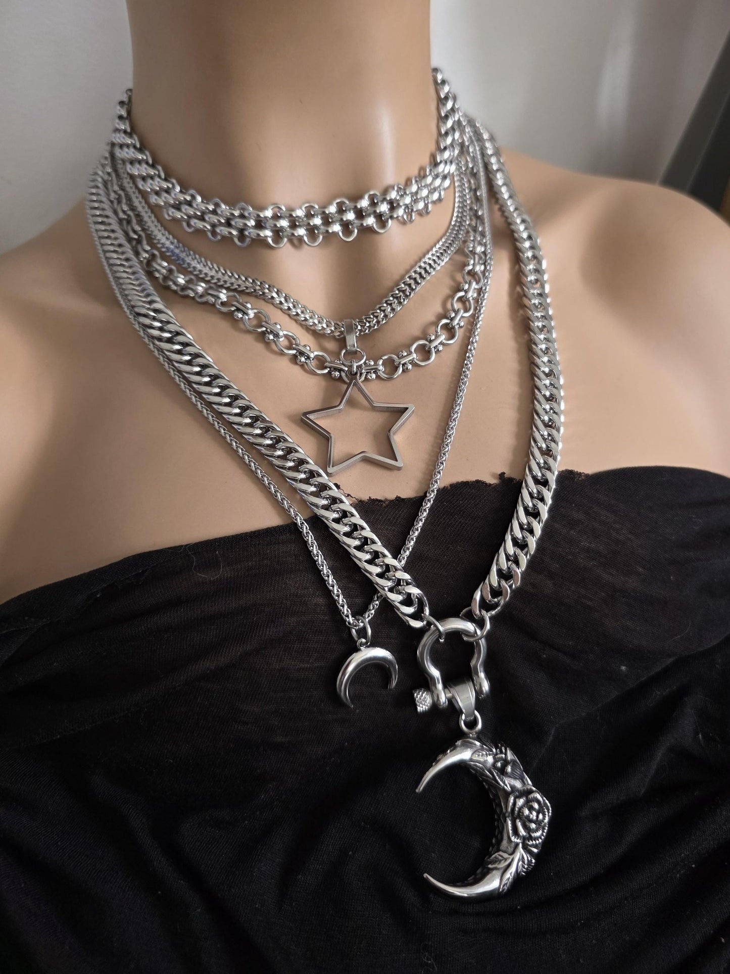 Layered Star Crescent Moon Chunky Gothic Pendant Necklace Set: Steel Statement Celestial Jewelry