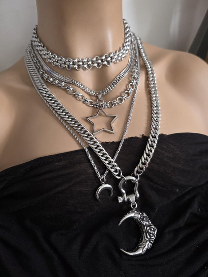 Layered Star Crescent Moon Chunky Gothic Pendant Necklace Set: Steel Statement Celestial Jewelry