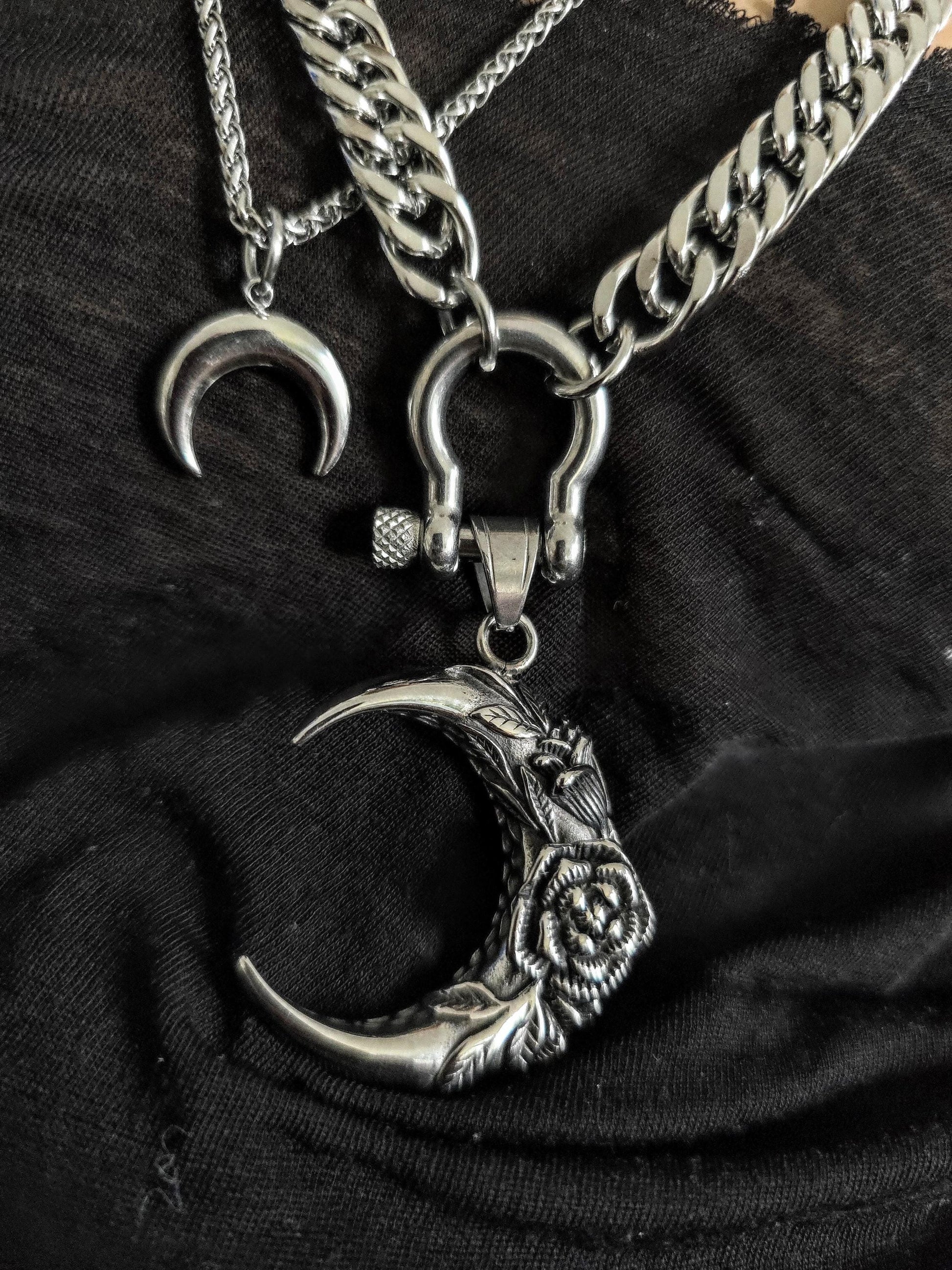 Layered Star Crescent Moon Chunky Gothic Pendant Necklace Set: Steel Statement Celestial Jewelry