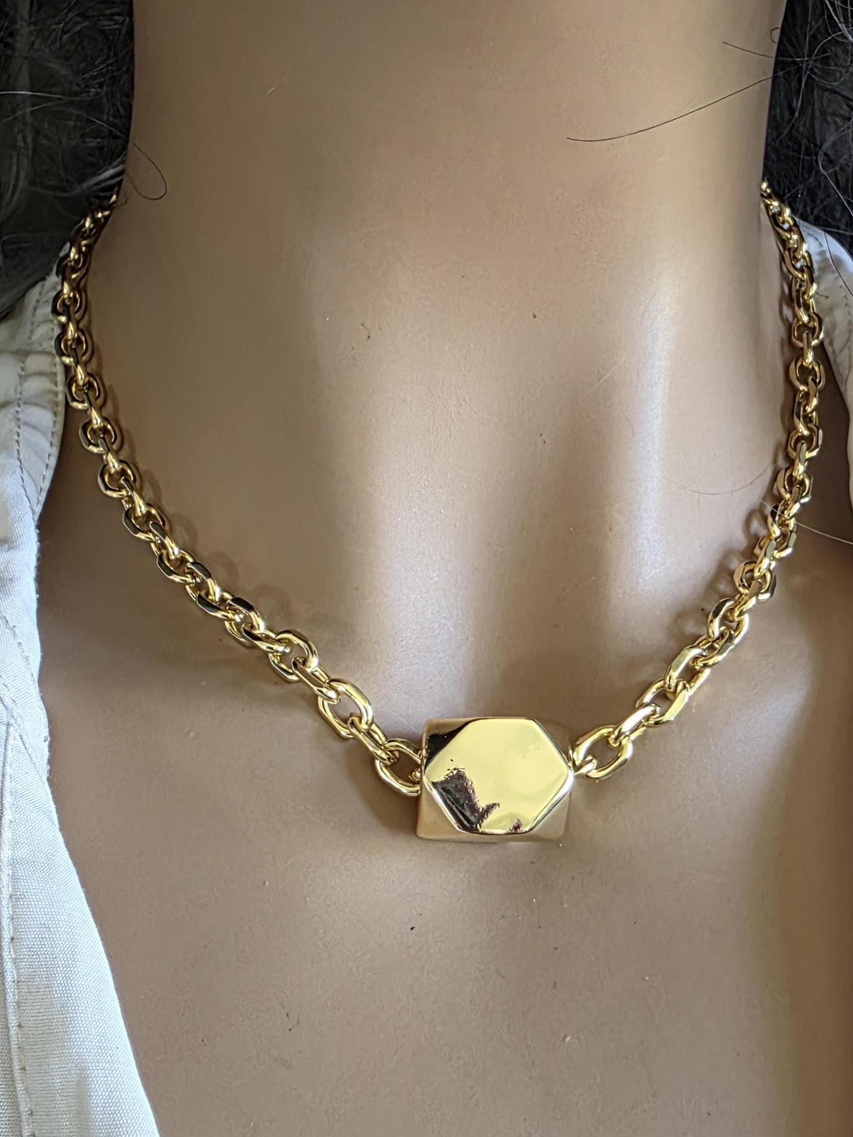 Gold Plated Chunky Chain Choker Necklace with Geometric Oversized Bead - Handmade  statement aesthetic jewelry gift for her
