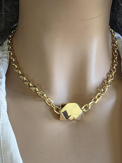 Gold Plated Chunky Chain Choker Necklace with Geometric Oversized Bead - Handmade  statement aesthetic jewelry gift for her