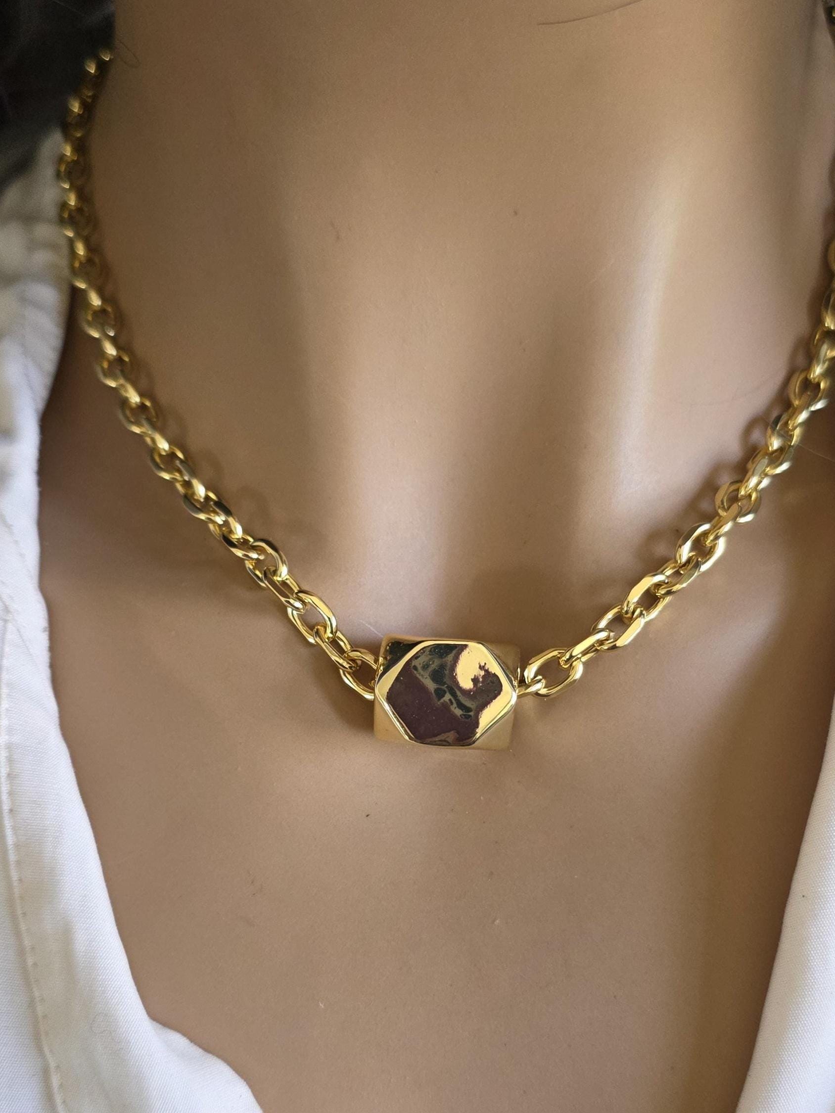 Gold Plated Chunky Chain Choker Necklace with Geometric Oversized Bead - Handmade  statement aesthetic jewelry gift for her