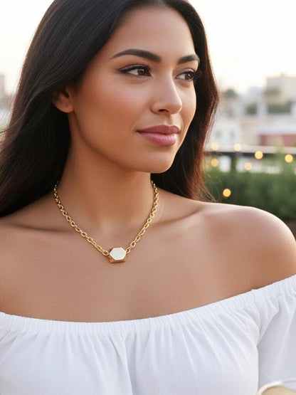 Gold Chunky Chain Choker Necklace with Geometric Oversized Bead - tarnish resistant