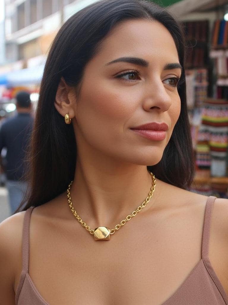 Gold Chunky Chain Choker Necklace with Geometric Oversized Bead - tarnish resistant