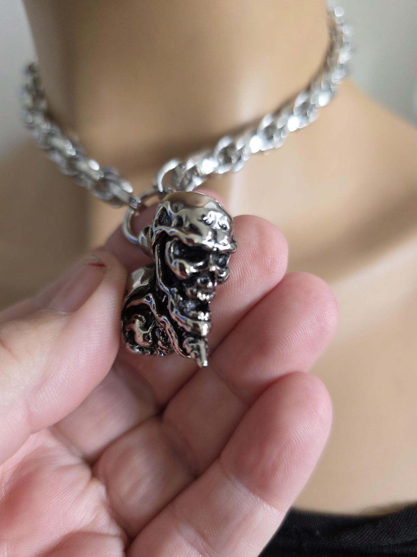 Skulls Heart Pendant Steel Chunky Chain Necklace: Goth Punk Heavy Metal Jewelry