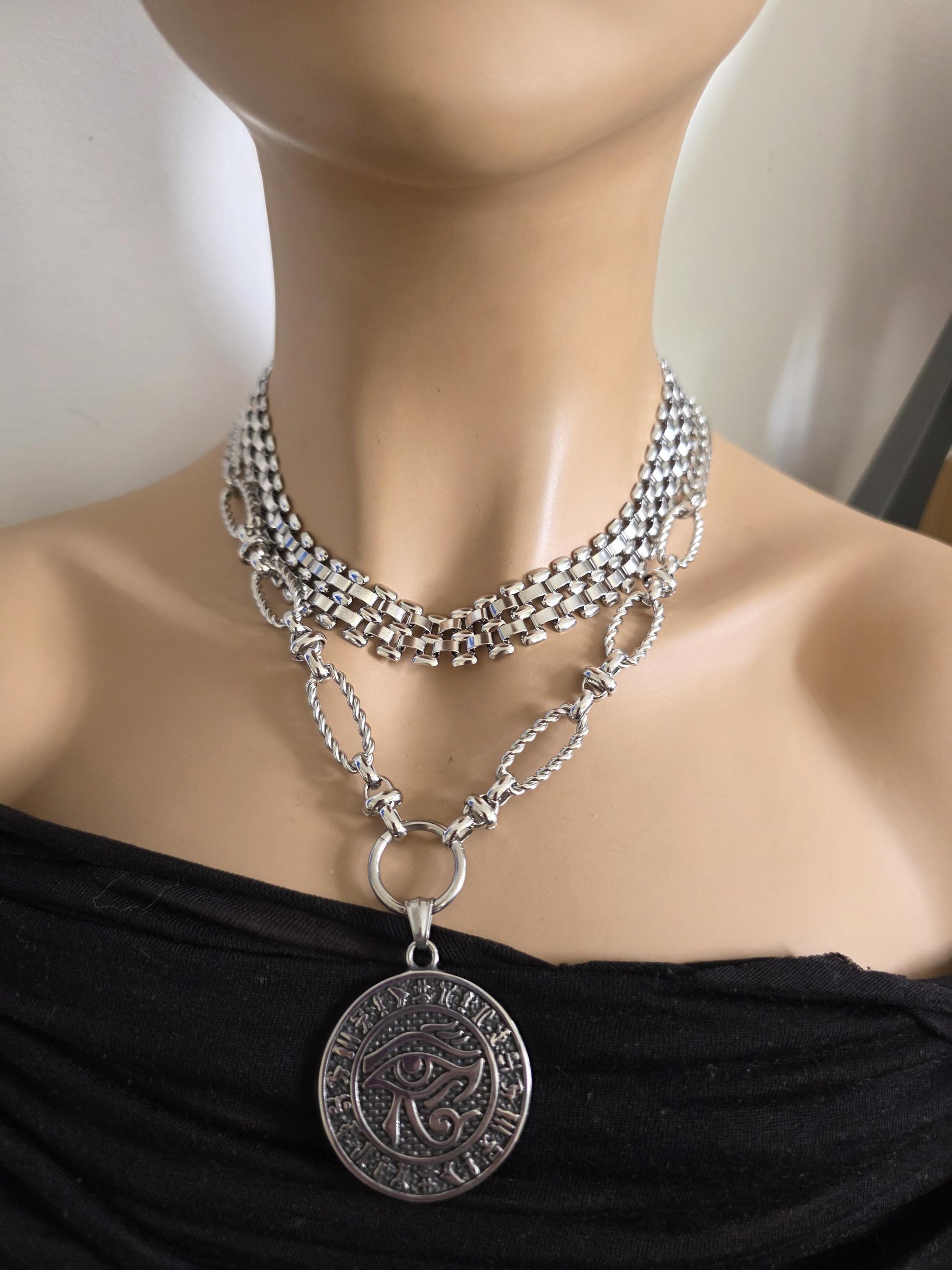 Eye of Horus Layered Necklace Set – Egyptian Protection Amulet Steel Choker Set