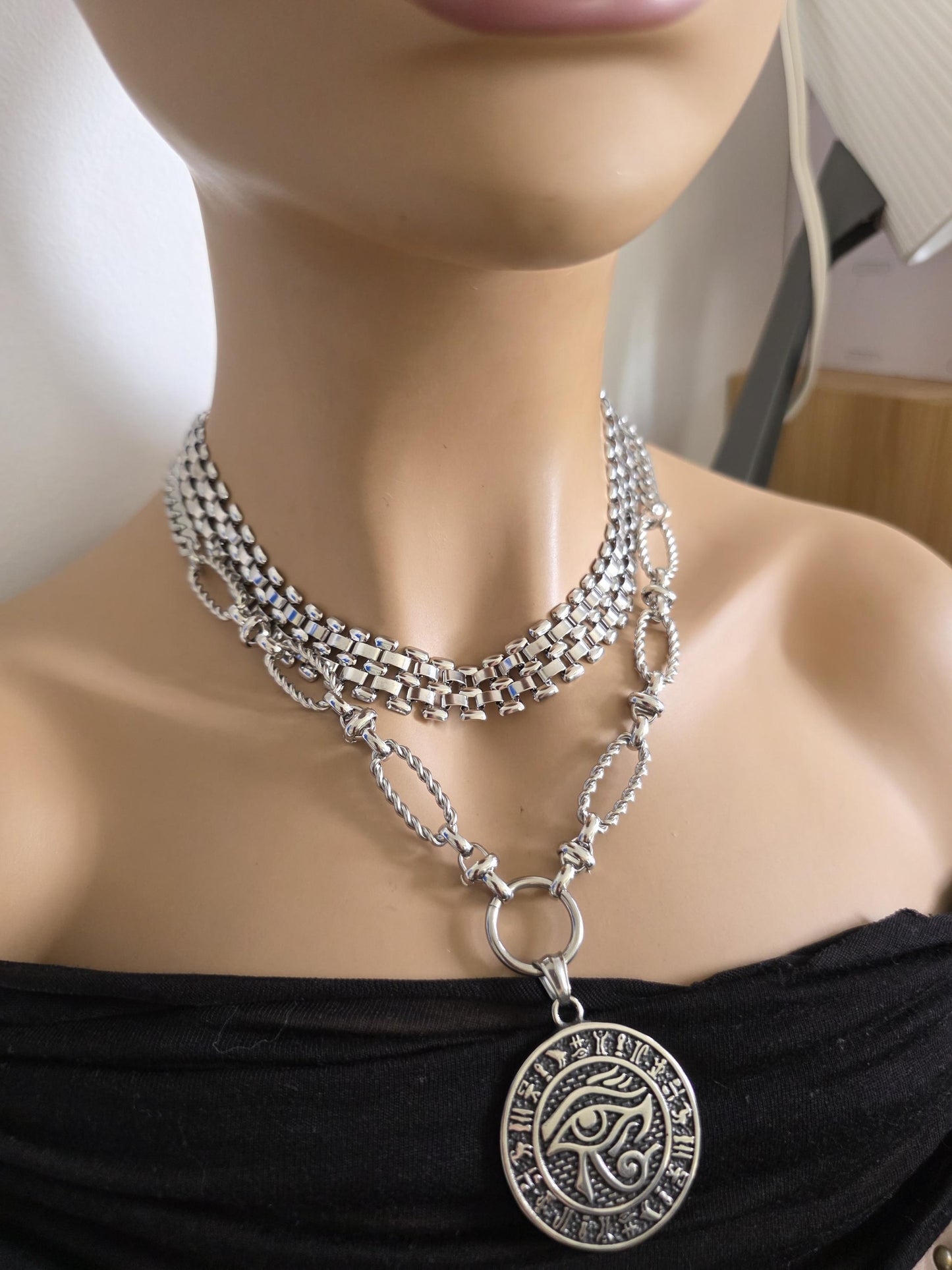 Eye of Horus Layered Necklace Set – Egyptian Protection Amulet Steel Choker Set