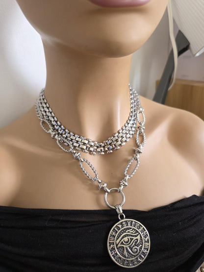 Eye of Horus Layered Necklace Set – Egyptian Protection Amulet Steel Choker Set