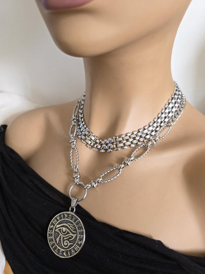 Eye of Horus Layered Necklace Set – Egyptian Protection Amulet Steel Choker Set