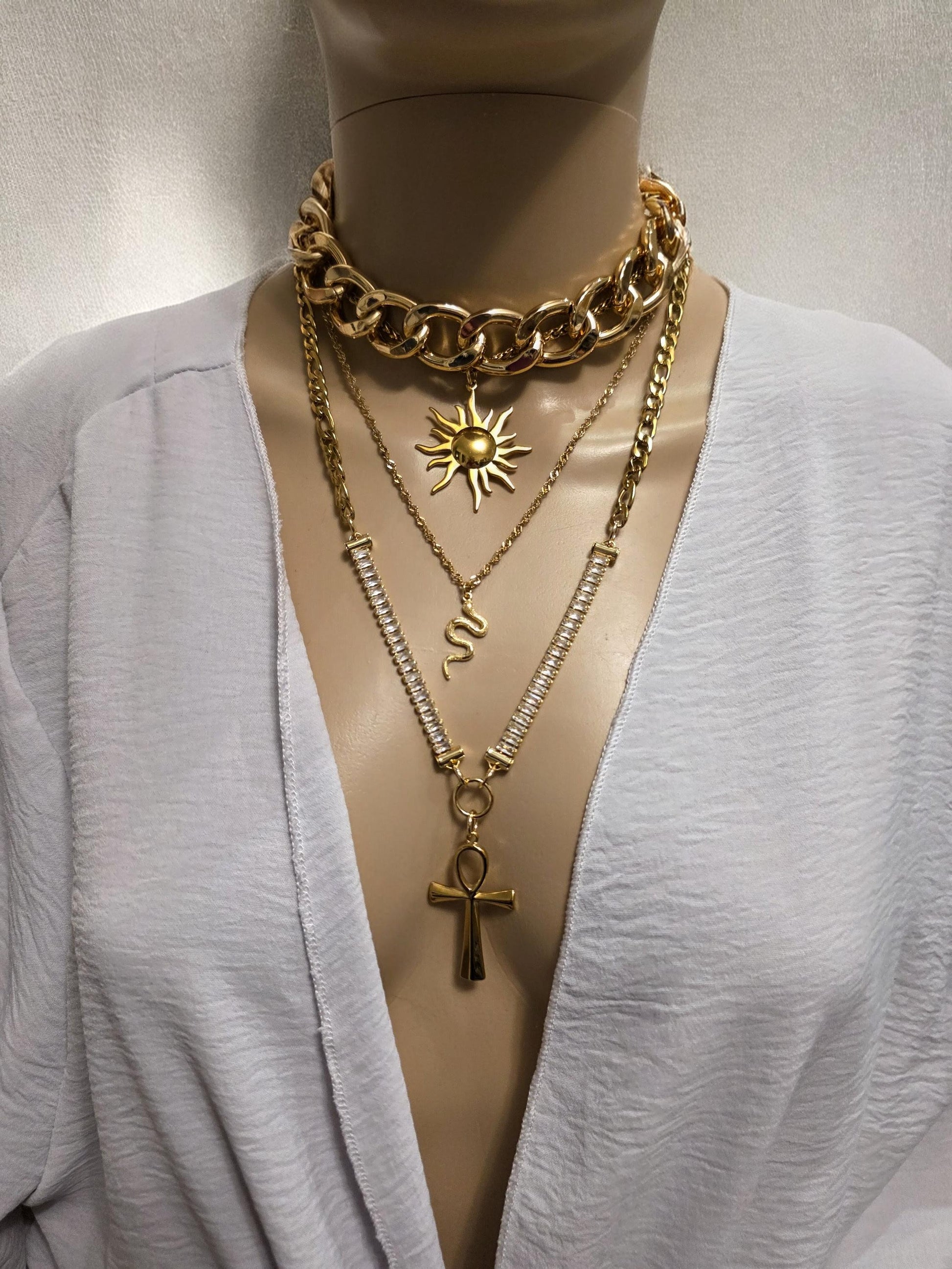 Layered Gold Rhinestone Necklace Set | Egyptian Sun, Ankh & Eye of Horus | Chunky Gold Chain Choker Statement Jewelry