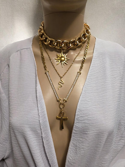 Layered Gold Rhinestone Necklace Set | Egyptian Sun, Ankh & Eye of Horus | Chunky Gold Chain Choker Statement Jewelry