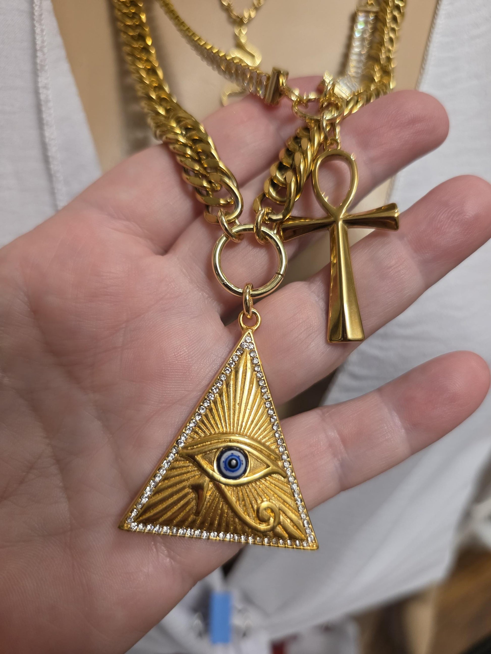 Layered Gold Rhinestone Necklace Set | Egyptian Sun, Ankh & Eye of Horus | Chunky Gold Chain Choker Statement Jewelry