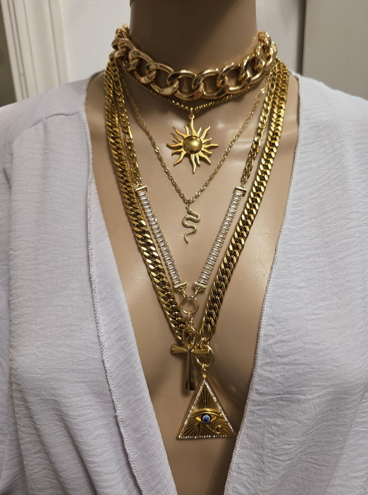 Layered Gold Rhinestone Necklace Set | Egyptian Sun, Ankh & Eye of Horus | Chunky Gold Chain Choker Statement Jewelry