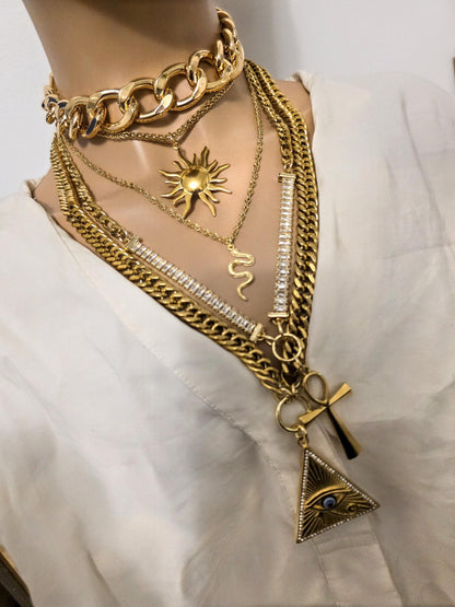 Layered Gold Rhinestone Necklace Set | Egyptian Sun, Ankh & Eye of Horus | Chunky Gold Chain Choker Statement Jewelry