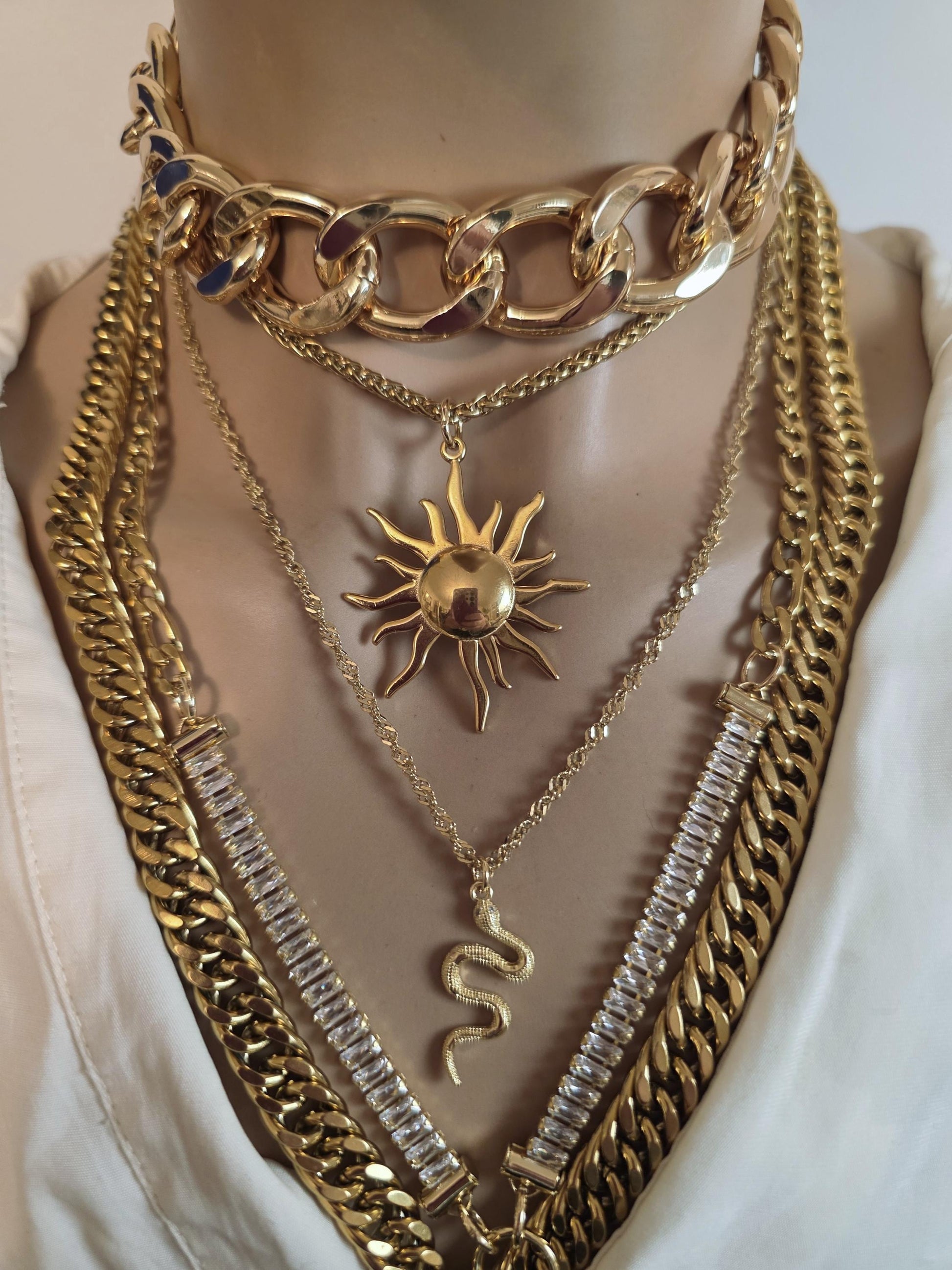 Layered Gold Rhinestone Necklace Set | Egyptian Sun, Ankh & Eye of Horus | Chunky Gold Chain Choker Statement Jewelry