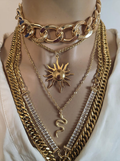 Layered Gold Rhinestone Necklace Set | Egyptian Sun, Ankh & Eye of Horus | Chunky Gold Chain Choker Statement Jewelry
