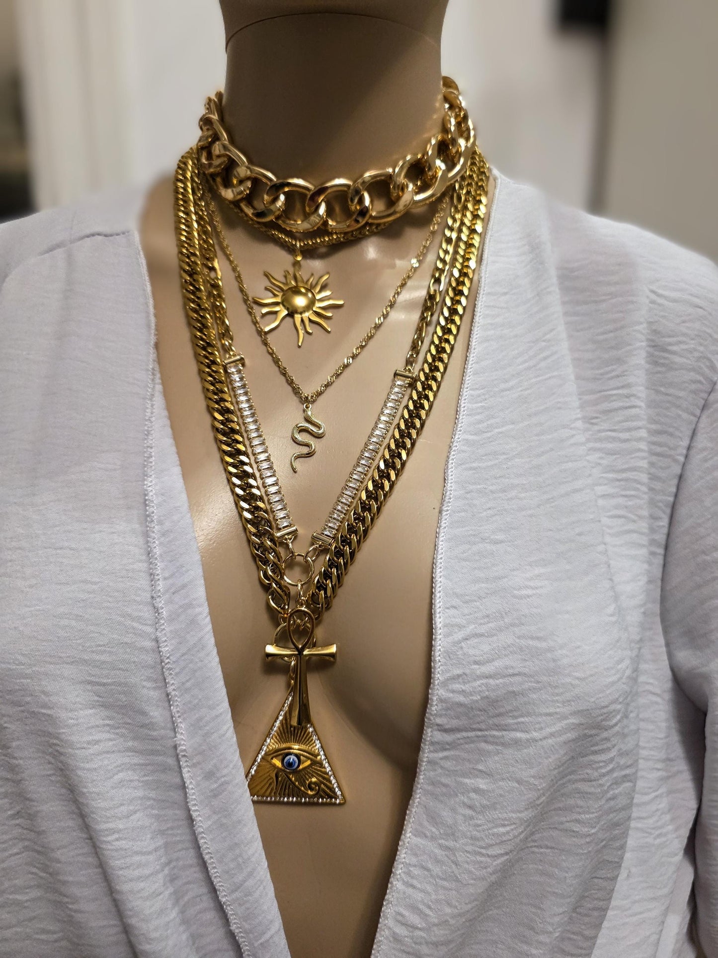 Layered Gold Rhinestone Necklace Set | Egyptian Sun, Ankh & Eye of Horus | Chunky Gold Chain Choker Statement Jewelry