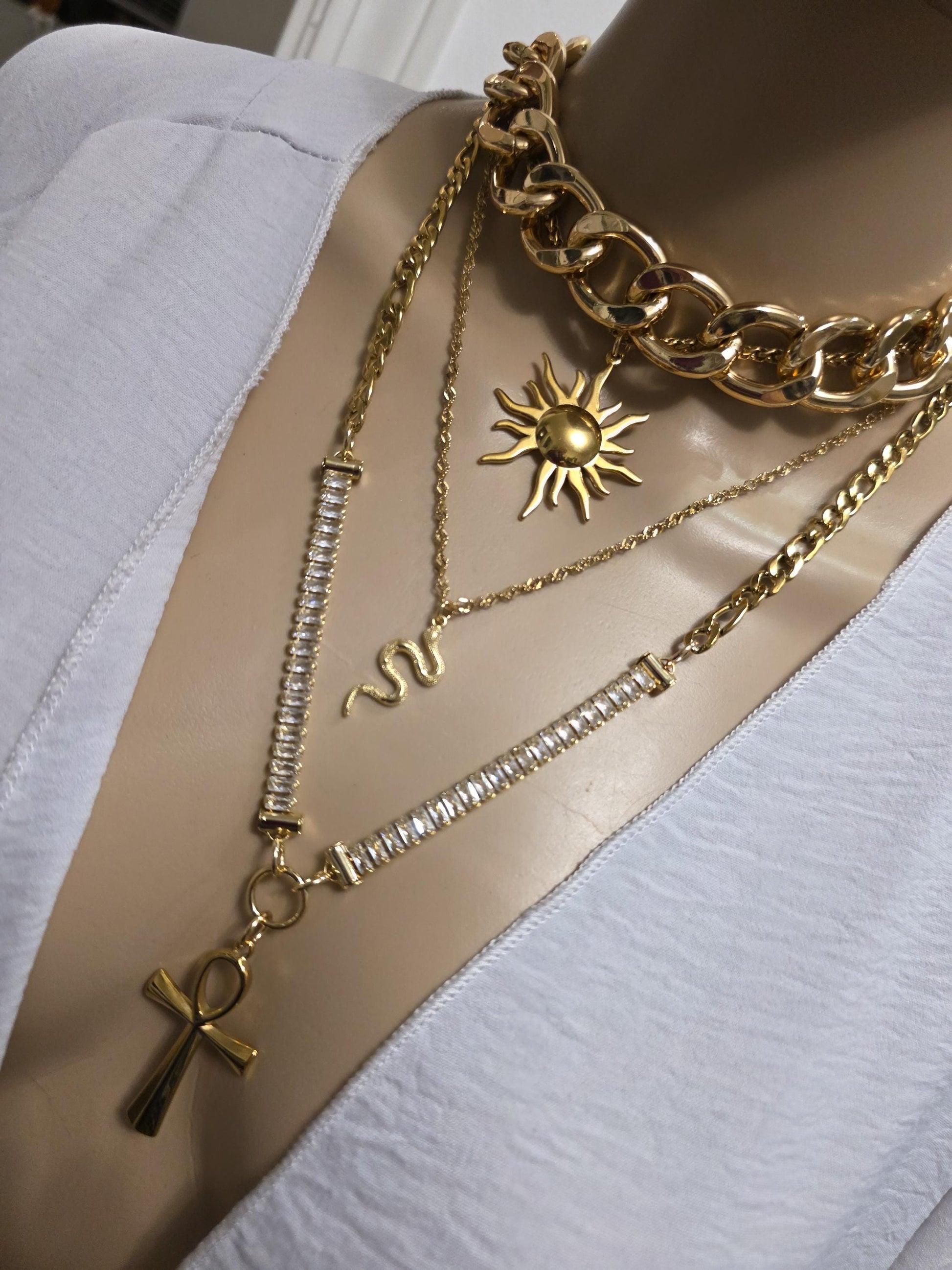 Layered Gold Rhinestone Necklace Set | Egyptian Sun, Ankh & Eye of Horus | Chunky Gold Chain Choker Statement Jewelry