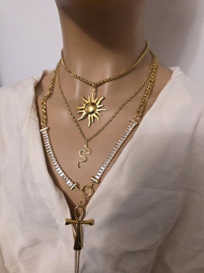 Layered Gold Rhinestone Necklace Set | Egyptian Sun, Ankh & Eye of Horus | Chunky Gold Chain Choker Statement Jewelry