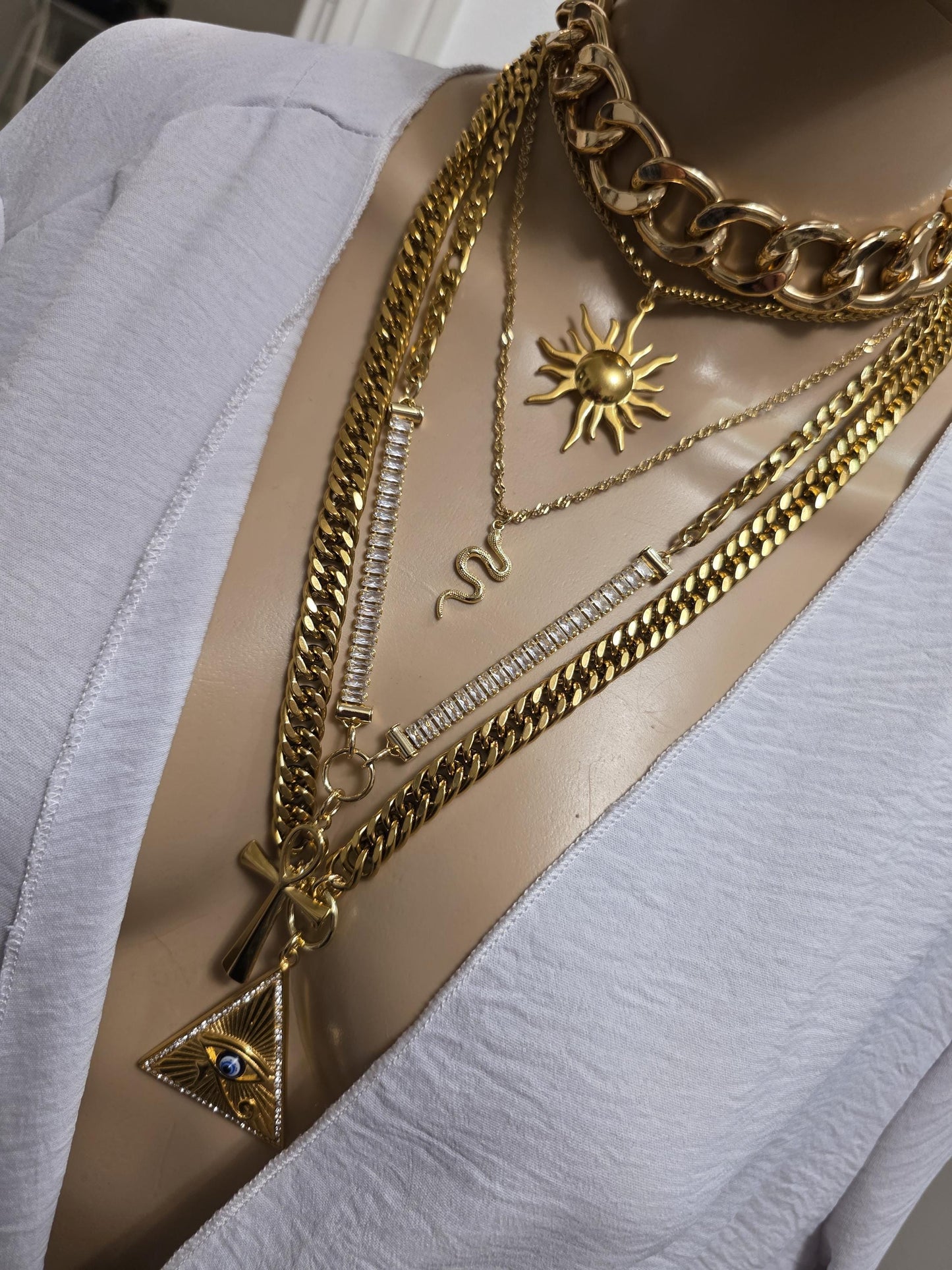 Layered Gold Rhinestone Necklace Set | Egyptian Sun, Ankh & Eye of Horus | Chunky Gold Chain Choker Statement Jewelry
