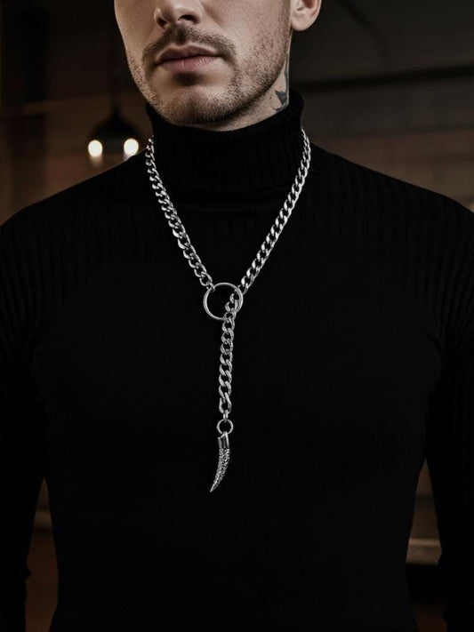 Mens Steel Slip Chain Choker Leash Style Lariat Tusk Pendant Necklace Collar - Lifestyle Jewelry