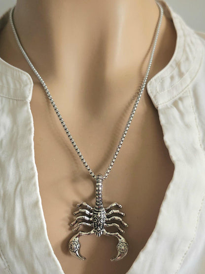 Scorpion Scorpio Steel Edgy Mens or Womens Chunky Punk Aesthetic Pendant Necklace - Handmade Jewelry Statement gift for her gift for him