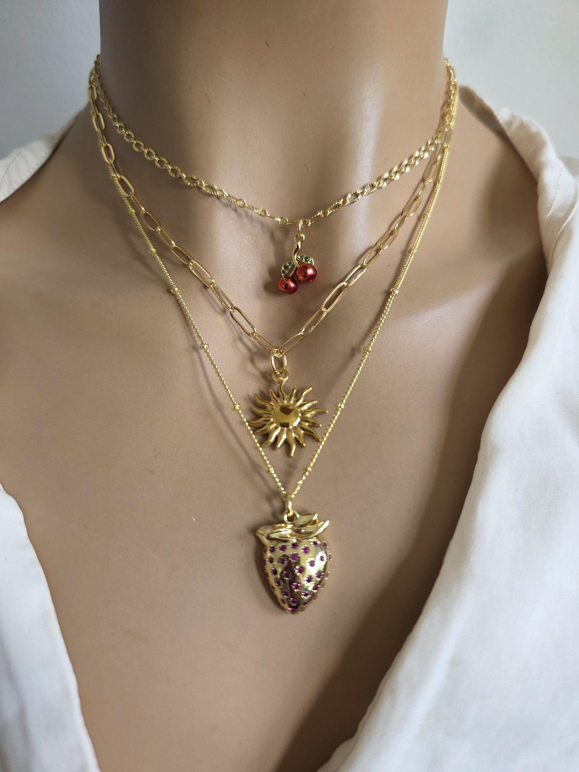 Gold Layered Multi Strand Cherries & Strawberry Sun Pendant Necklace Set