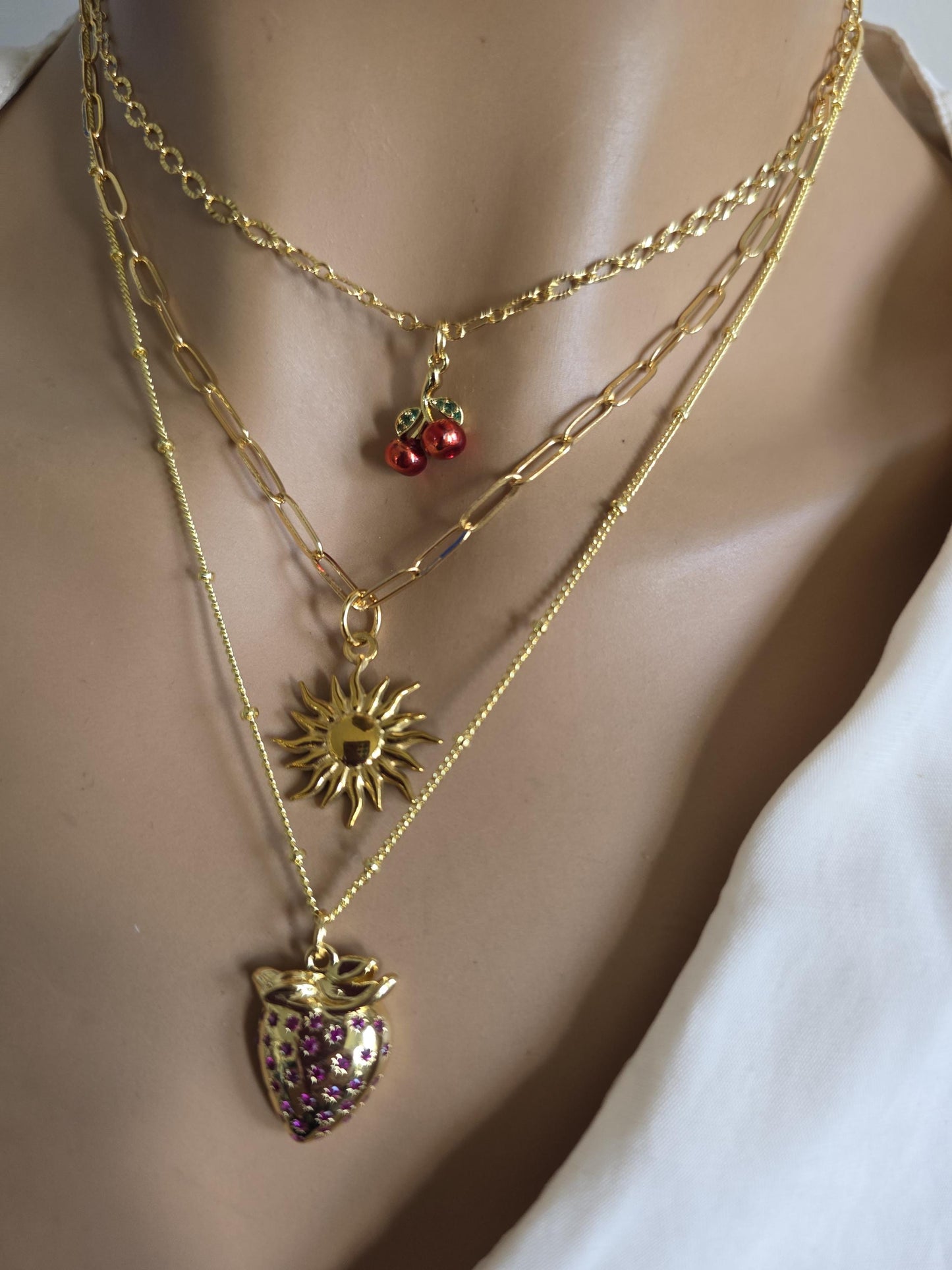 Gold Layered Multi Strand Cherries & Strawberry Sun Pendant Necklace Set