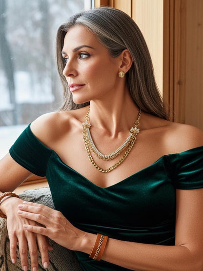 Gold Layered Multi Strand Sun Rhinestone Chunky Chain Choker Necklace Set - Luxury Style Stacked Jewelry