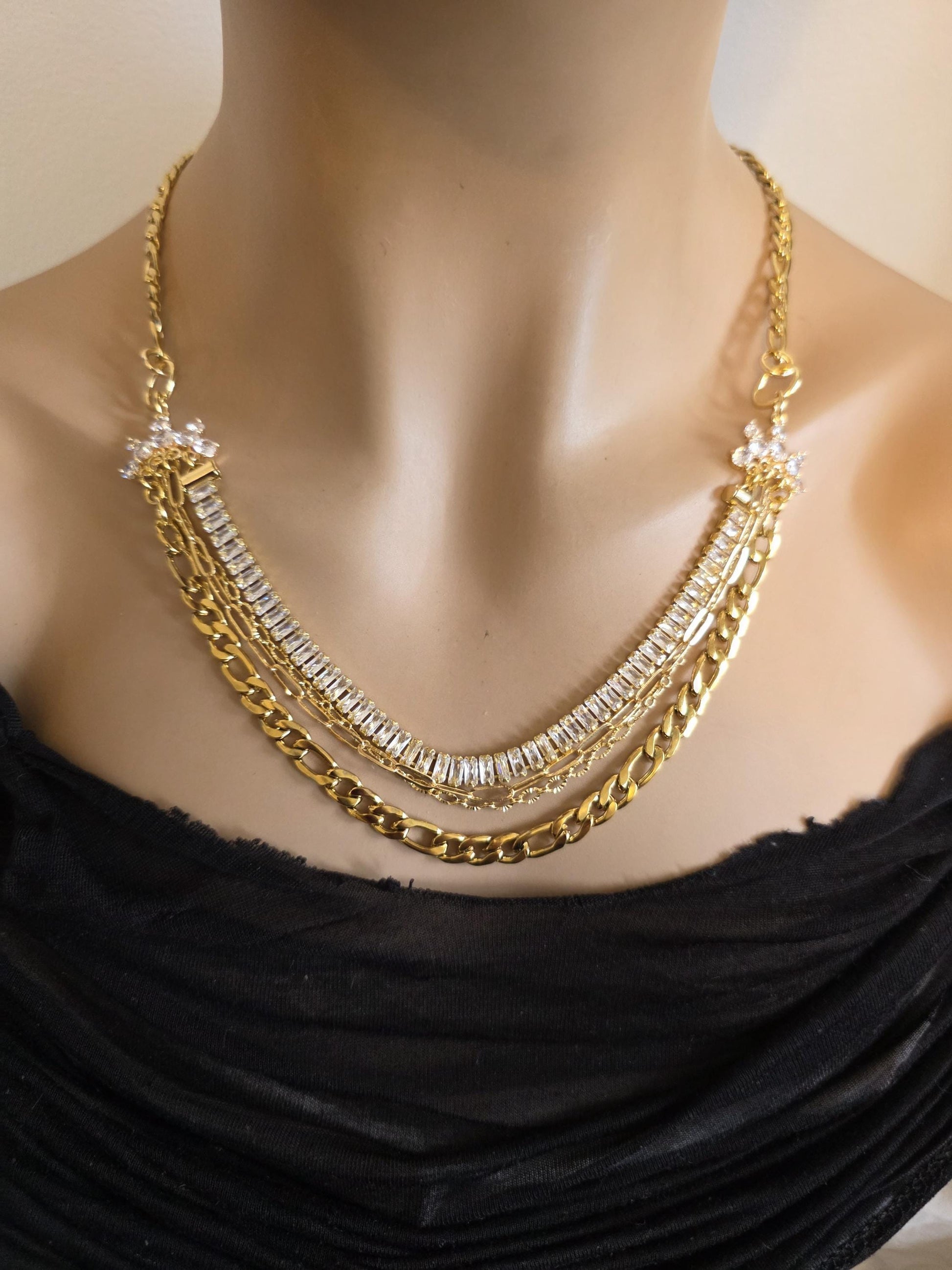 Gold Layered Multi Strand Sun Rhinestone Chunky Chain Choker Necklace Set - Luxury Style Stacked Jewelry