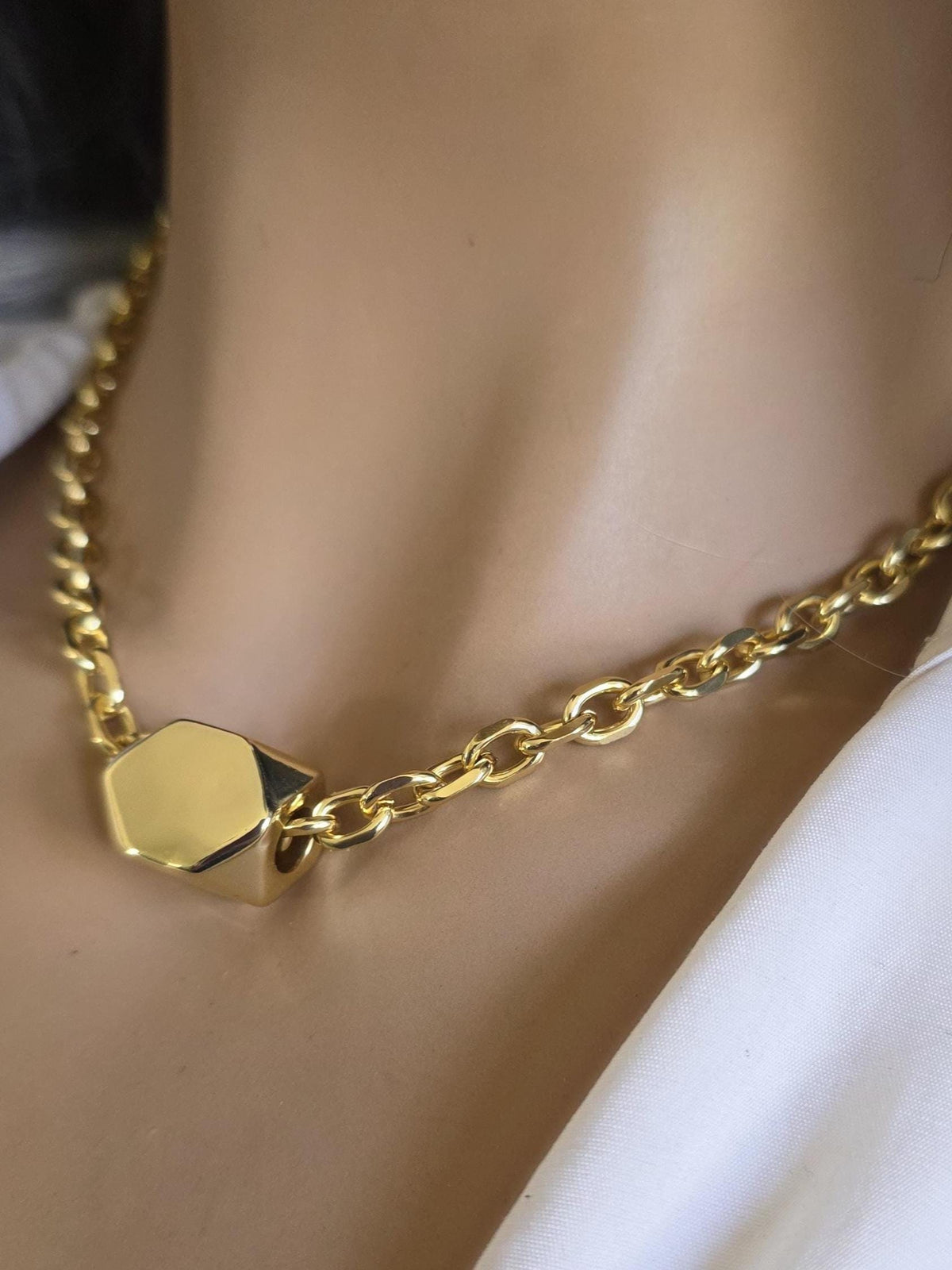 Gold Plated Chunky Chain Choker Necklace with Geometric Oversized Bead - Handmade  statement aesthetic jewelry gift for her