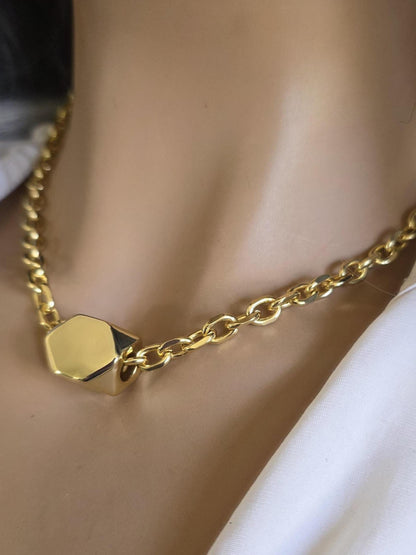 Gold Plated Chunky Chain Choker Necklace with Geometric Oversized Bead - Handmade  statement aesthetic jewelry gift for her