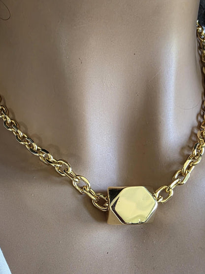 Gold Plated Chunky Chain Choker Necklace with Geometric Oversized Bead - Handmade  statement aesthetic jewelry gift for her