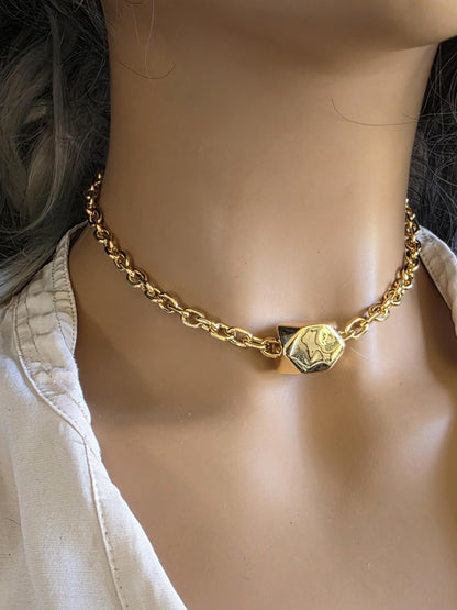 Gold Plated Chunky Chain Choker Necklace with Geometric Oversized Bead - Handmade  statement aesthetic jewelry gift for her