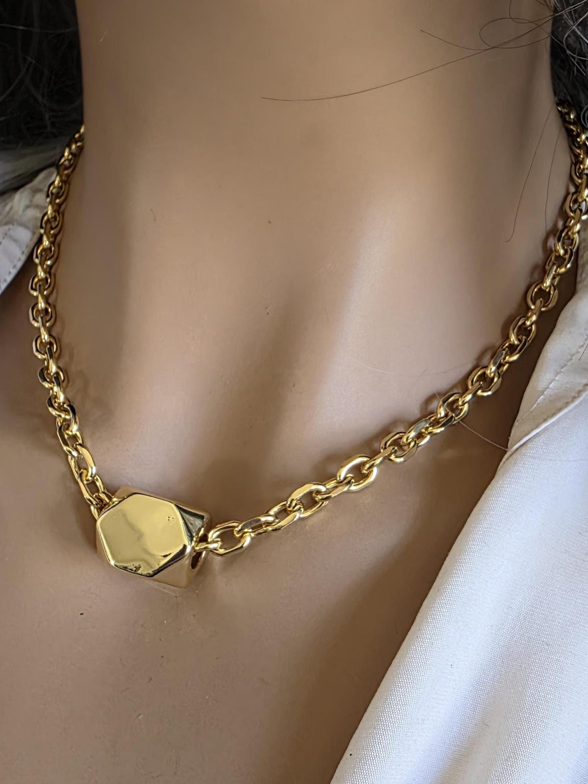 Gold Plated Chunky Chain Choker Necklace with Geometric Oversized Bead - Handmade  statement aesthetic jewelry gift for her