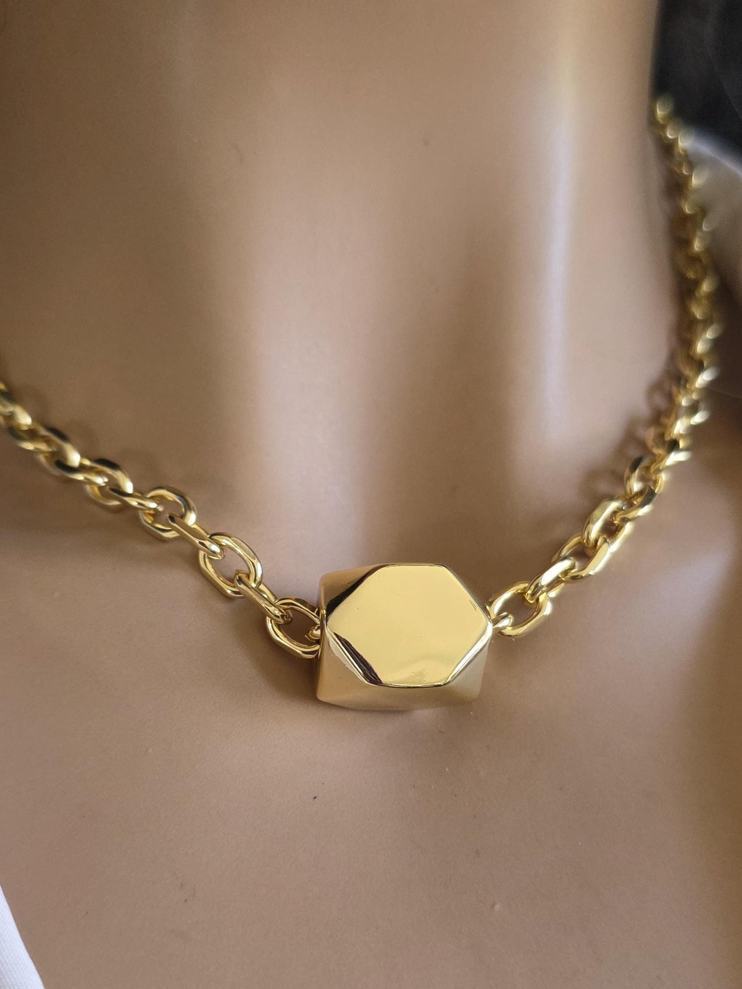 Gold Plated Chunky Chain Choker Necklace with Geometric Oversized Bead - Handmade  statement aesthetic jewelry gift for her