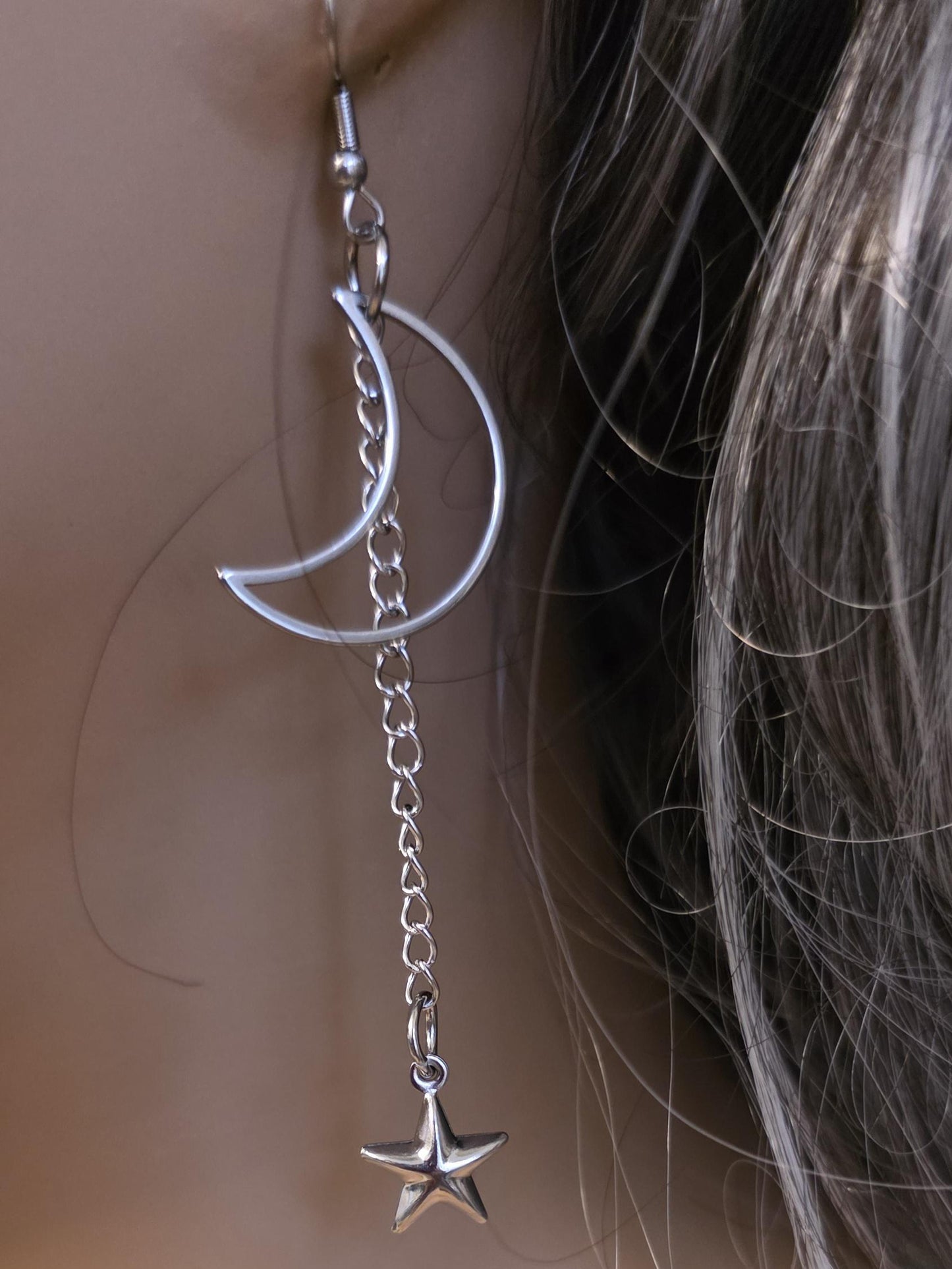 Crescent Moon Star Dangle Hoop Earrings: Stainless Steel Witchy Goth Jewelry