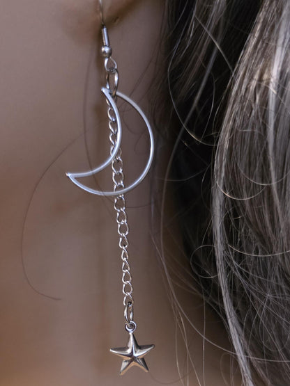 Crescent Moon Star Dangle Hoop Earrings: Stainless Steel Witchy Goth Jewelry
