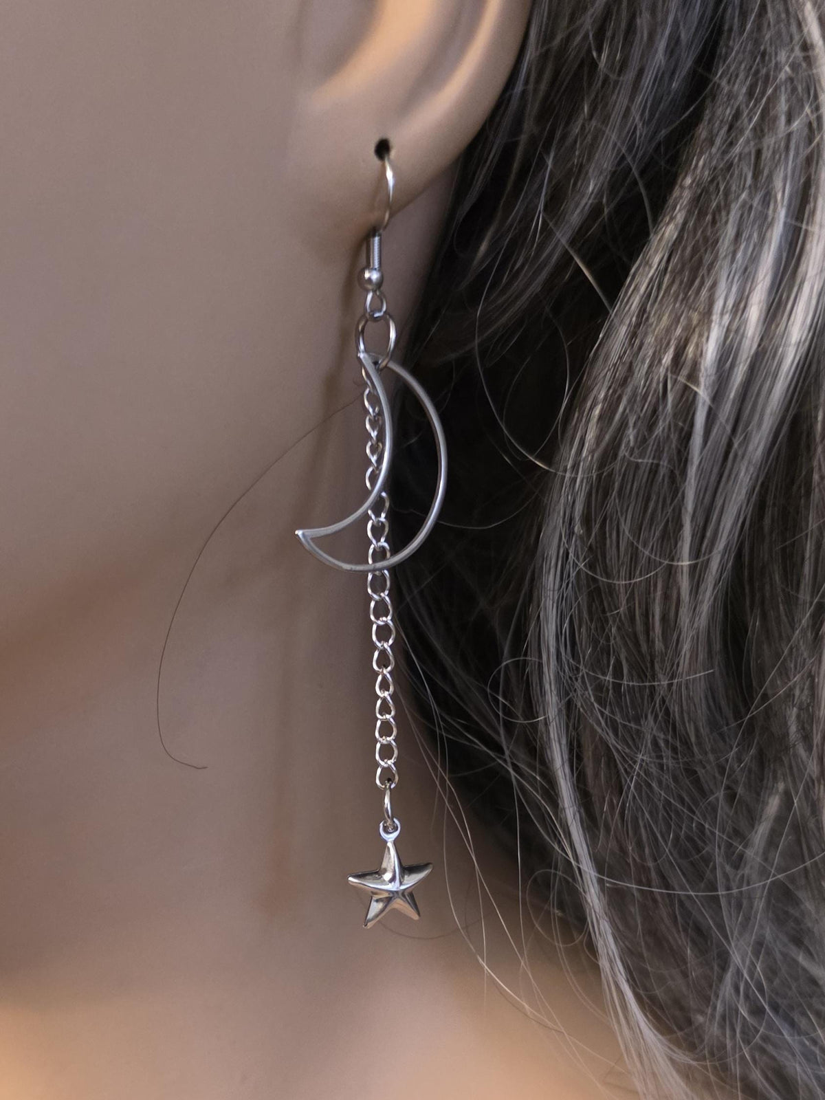 Crescent Moon Star Dangle Hoop Earrings: Stainless Steel Witchy Goth Jewelry