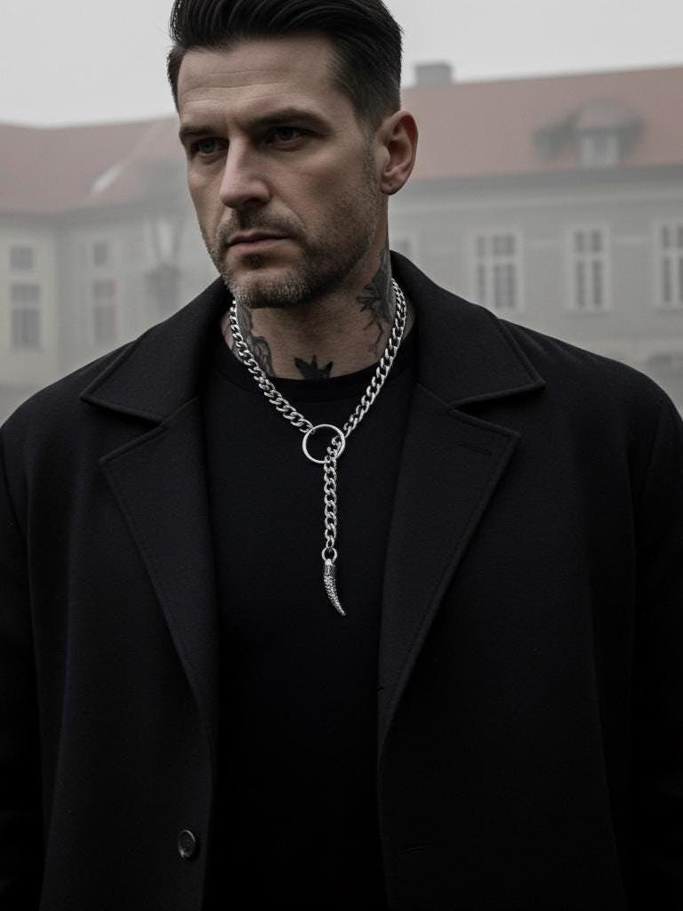 Mens Steel Slip Chain Choker Leash Style Lariat Tusk Pendant Necklace Collar - Lifestyle Jewelry