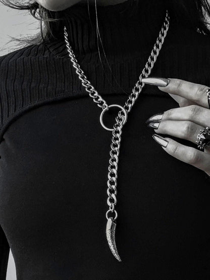 Steel Goth Slip Chain Dark Academia Style Lariat Leash  Collar Choker Necklace - Tusk Pendant, Chunky Grunge Necklace Gift for Her