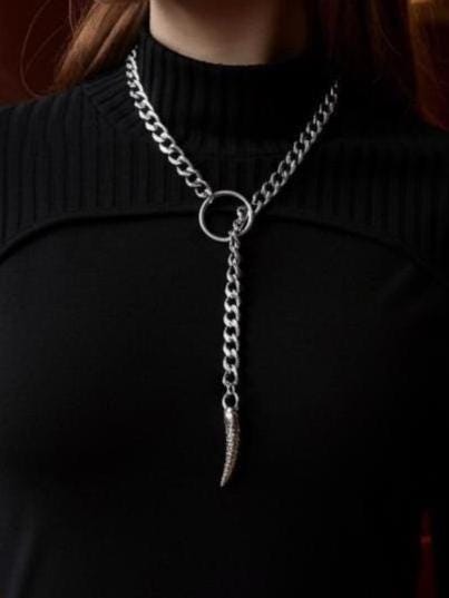 Mens Steel Slip Chain Choker Leash Style Lariat Tusk Pendant Necklace Collar - Lifestyle Jewelry